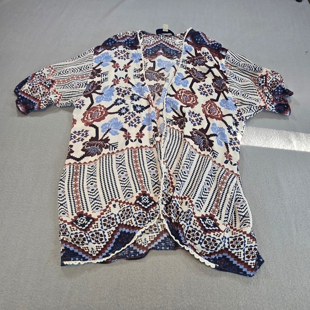 Blue Rain Kimono Cardigan Womens Medium Blue‎ Floral Geometric Boho Open Front